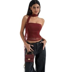 SUUKSESS Women's Ruched Strapless Mesh Tube Top in Red Wine‎ With a Scarf Sz S
